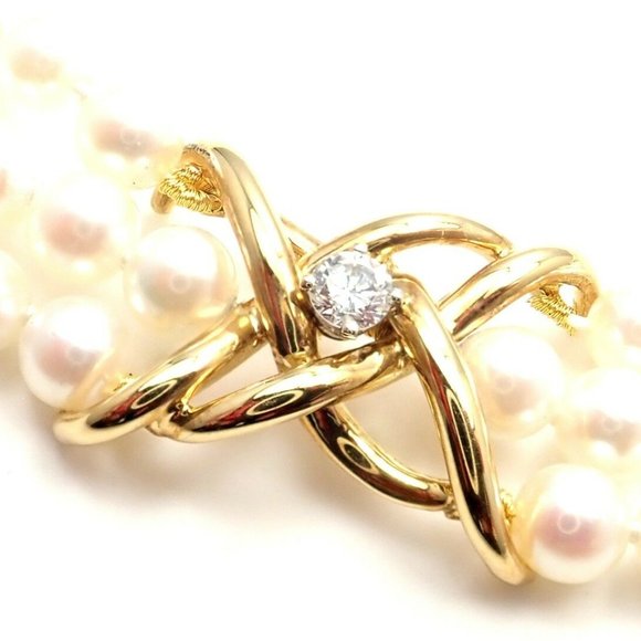 Authentic! Tiffany & Co 18k Yellow Gold Diamond 3 Strand Pearl Necklace - Picture 5 of 10